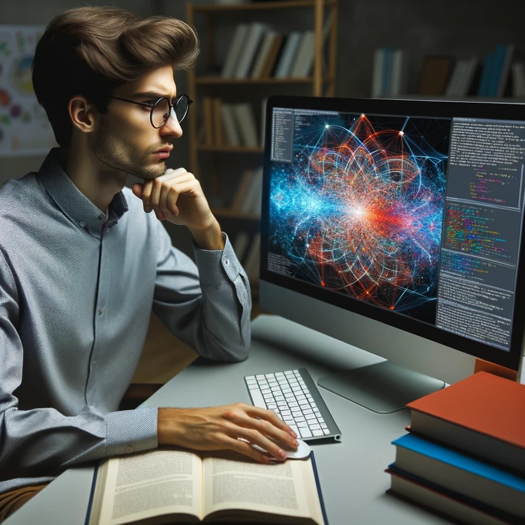 Photo of a male mathematician sitting at a desk, intently focused on his computer screen. Beside him are books about advanced mathematics and programming. On the computer screen, there's a visualization of a complex mathematical structure that glows in vibrant colors.